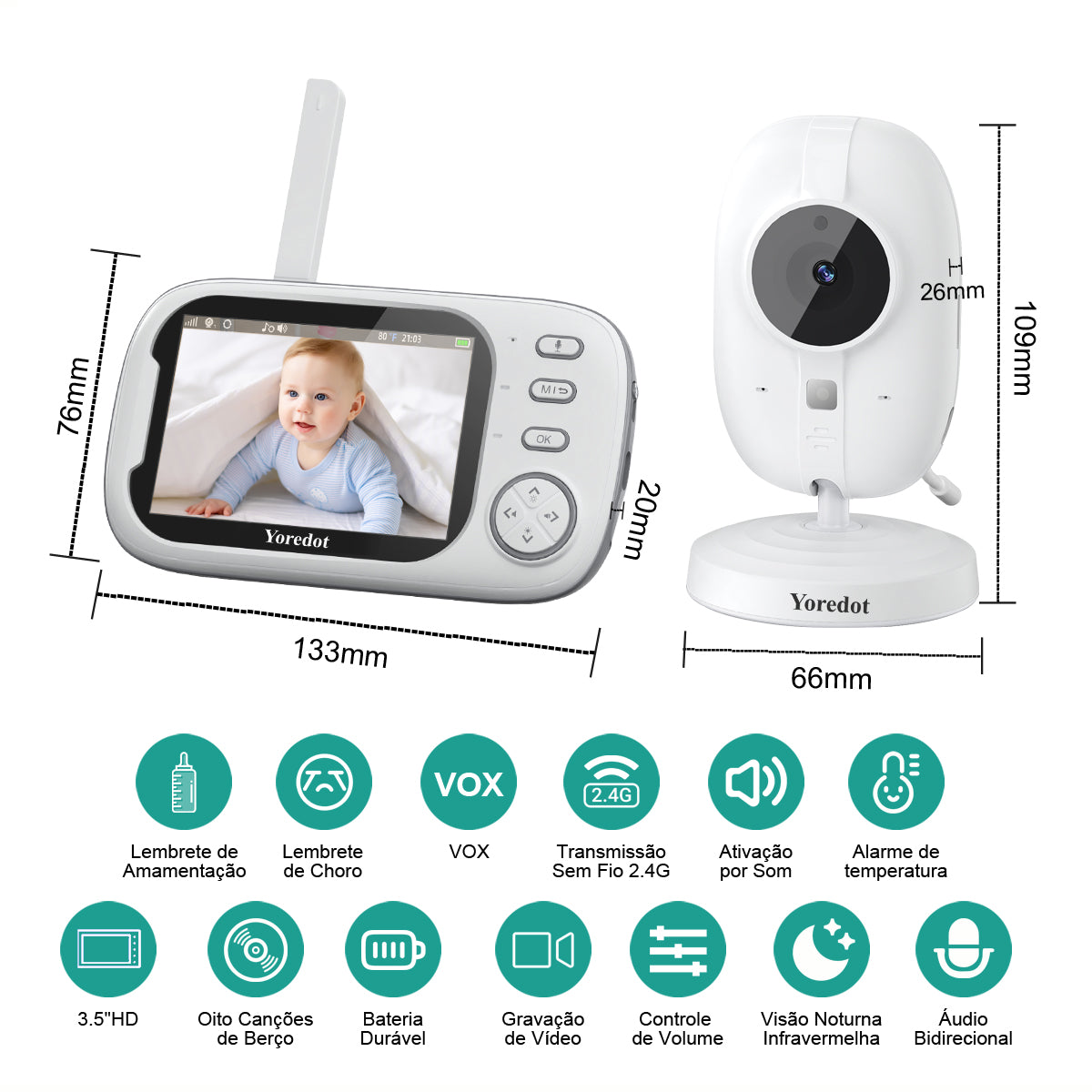 Yoredot Baby Monitor Camera Cordless Night Vision 3.5'' 2000mAh 20H Upgraded Model with Extended Life LCD Screen White 127/220v