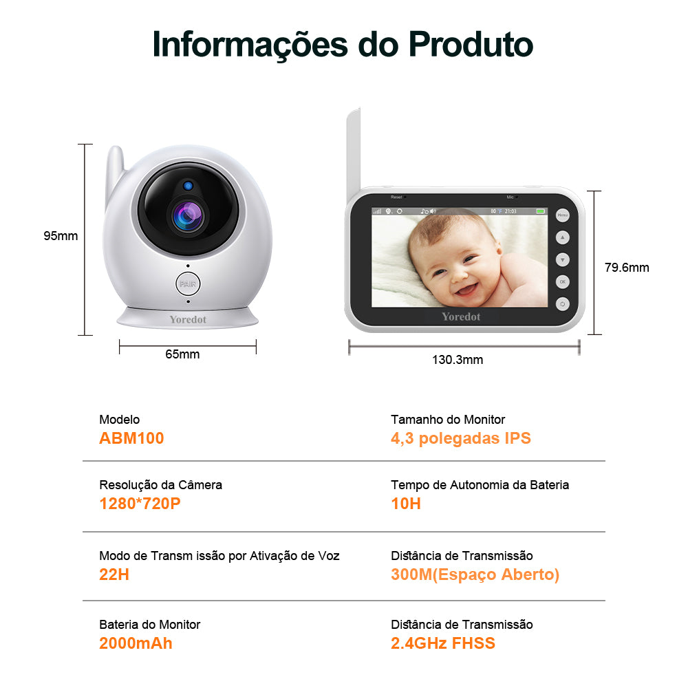 Yoredot Baby Monitor Camera Cordless Night Vision 4.3'' LCD 3000mAh 30H Upgraded Model with Extended Lifespan Lcd Large Screen High Definition ABM100 Multifunctional Alarm with Microphone